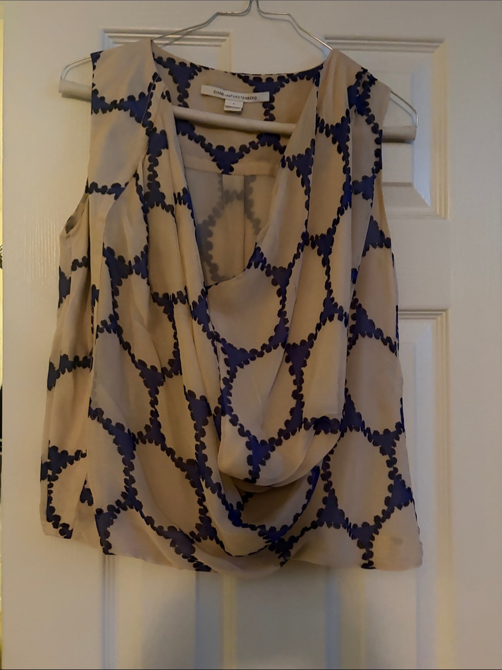 DVF silk Beige Sleeveless Drape Neck Top with Navy Geometric Print